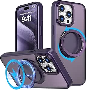 Mangix for iPhone 15 Pro Max Case,360° Rotatable & Invisible Magnetic Ring Stand Compatible with MagSafe, Anti-Fingerprint Protective Cover Translucent Back for iPhone 15 ProMax Case (Purple)