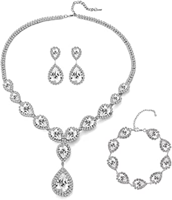 Paxuan Womens Silver / Gold Plated Teardrop Crystal Wedding Bridal Jewelry Set Pendant Necklace Drop Dangle Earrings Set