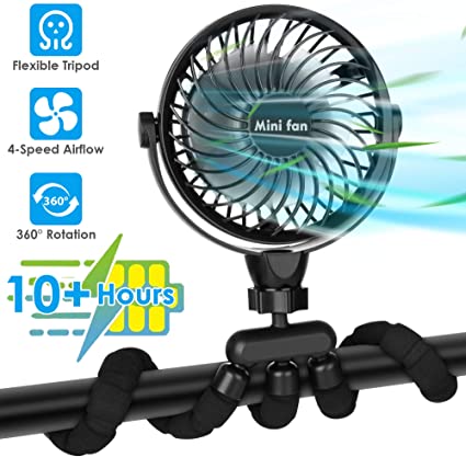 Battery Operated Stroller Fan Flexible Tripod Clip On Fan with 4 Speeds and 360 Degree Rotation for Car Seat Crib Bike Treadmill