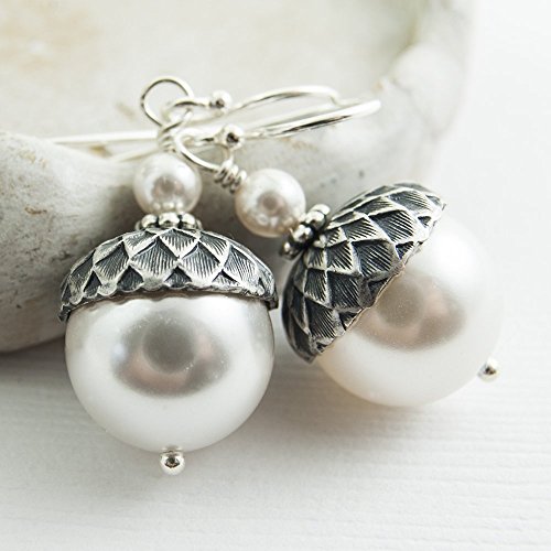 Acorn Earrings made with White Swarovski Crystal Simulated Pearls, Sterling Silver Earwires