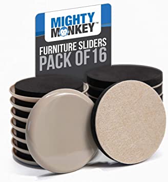 MIGHTY MONKEY Premium Furniture Sliders, 16 Piece, Carpet and Hard Floor Surfaces Moving Kit, Felt Coaster Pads, Pad Sliders Help to Easily Move Couches, Sofa and Protect Floors from Heavy Furniture