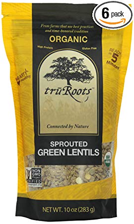 truRoots Organic Sprouted Green Lentils, 10-Ounce Pouches (Pack of 6)