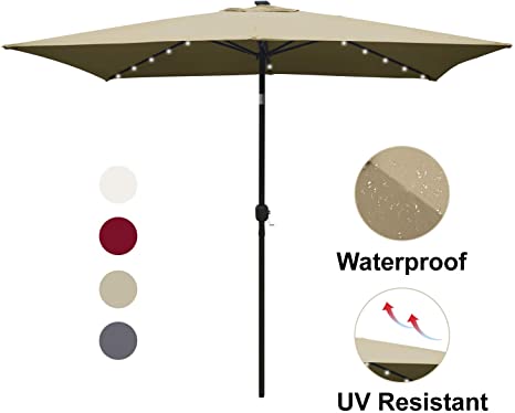 ABCCANOPY Rectangular Patio Umbrella Solar Powered Outdoor Umbrellas Market Table Umbrella with 26 LED Lights, Tilt and Crank for patio deck and pool , 6.6 by 9.8 Ft (Tan)