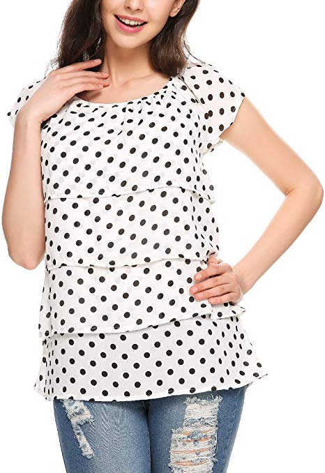 Beyove Women Summer Chiffon Polka Dot Ruffle Sleeve Wear to Work Blouse Shirt