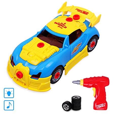 Take Apart Racing Cars Toys for Kids, Rolytoy Build Your Own Car Vehicle with Power Drill Realistic Sounds & Lights 30 Piece Constructions Kit
