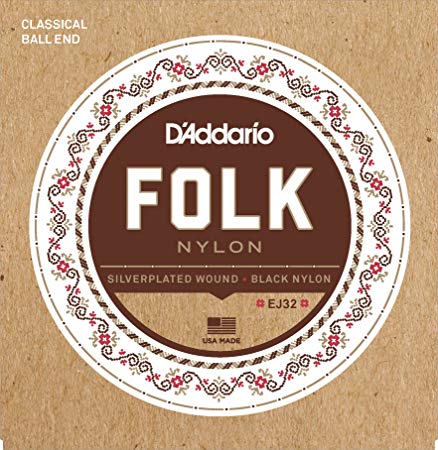 D'Addario EJ32 Folk Nylon Guitar Strings, Ball End, Silver Wound/Black Nylon Trebles