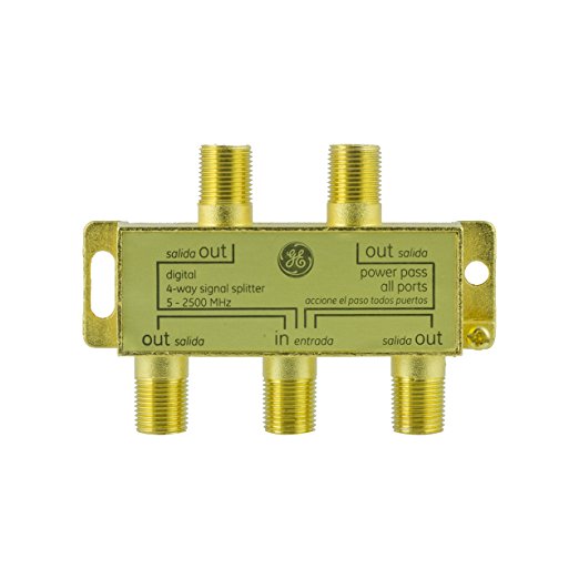 GE Pro Digital 4-Way Coaxial Splitter, 5 - 2500 MHz, Distributes a Digital Signal to Multiple TVs, 33527