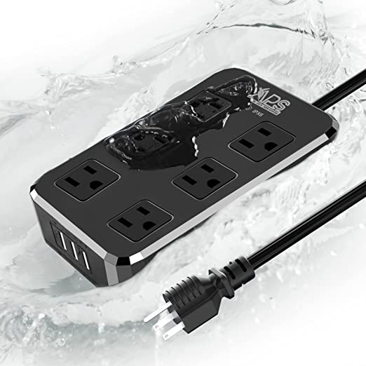 APS IPX6 Waterproof Surge Protector Power Strip 6 Wide Spaced Outlet with 3 USB Ports 6FT Long Extension Cord Outlet Extender for Home Office Kitchen Bathroom Outdoor and More UL Listed (Black)