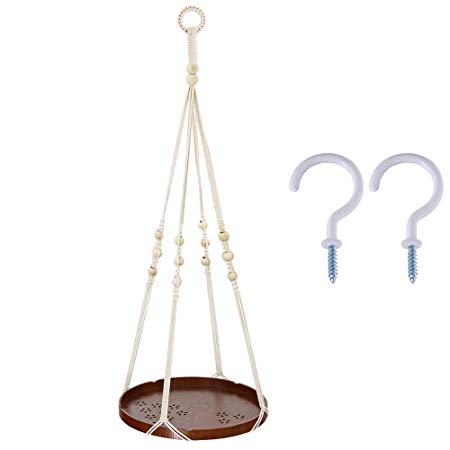 Supla 1 Pcs Macrame Hanging Shelf Macrame Plant Wooden Shelf Hanger Swing Shelf Floating Shelf Hanging Succulent Wall Planter and 2 Pcs Ceiling Screw Hooks Mother's gift