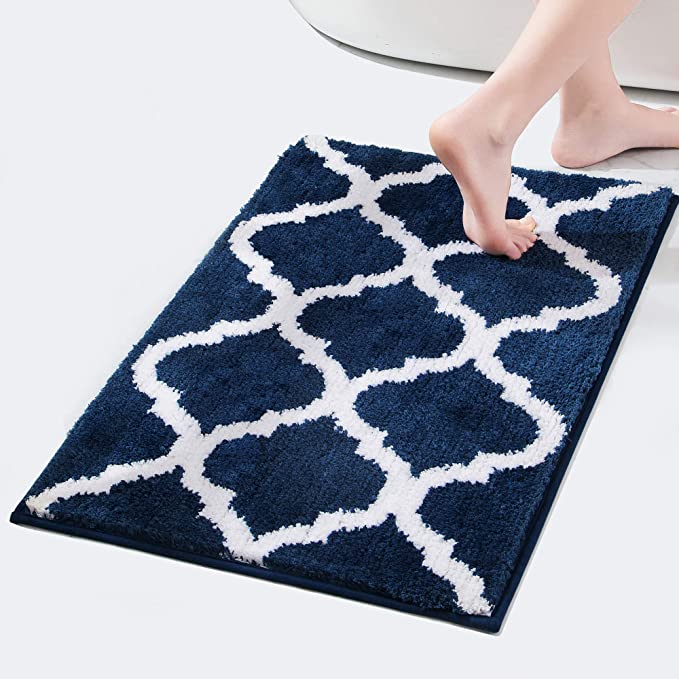 Olanly Luxury Microfiber Bath Mat Non Slip, Machine Wash Dry, Absorbent Shaggy Bath Rug for Bathroom, Living Room and Laundry Room 17" x 24", Navy