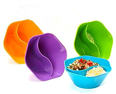 Set of 4 Colorful Double Dipper Bowls. Individual-size Bowls for Dipping Sauces