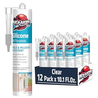 Kraken Bond RTV Silicone Caulk Clear - (12x10.1 fl.oz.) 100% Silicone Sealant Waterproof, Flexible Kitchen Sink Sealant, Caulking Sealant for Window and Door, 12 Pack