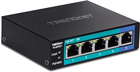 TRENDnet 5-Port Unmanaged Gigabit PoE  Switch, 4 x Gigabit PoE , 1 x Gigabit Port, 10Gbps Switching Capacity, 35W PoE Power Budget, Metal Network Ethernet Switch, Fanless, Black, TE-GP051