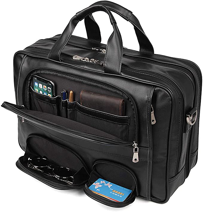 YOGCI Leather Briefcase for Men,Laptop Messenger Bag for Business Travel, Fits 14 15.6 Inch Computer (Black)