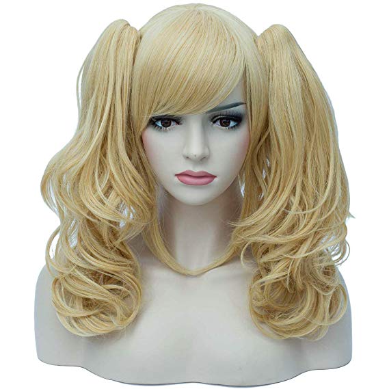 Aosler Women's Golden Blonde Ponytail Wig for Halloween,Middle Length Curly Cosplay Party Costume Wigs with 2 Clip on Pigtails