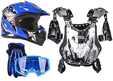 Typhoon Kids Youth Off Road Motocross Gear Combo Helmet Gloves Goggles & Chest Protector Blue - Medium
