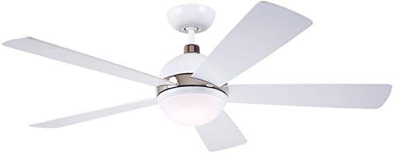 kathy ireland Home Astor Ceiling Fan with Remote Control, 52 Inch | Modern Fixture with Integrated LED Light and Shatter Resistant Shade | Downrod Mount for Living Room, Bedroom, Office, White/Nickel