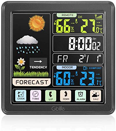 GBlife Weather Stations Wireless Indoor Outdoor, Digital Thermometer with Remote Sensor, Weather Forecast Station with Color LCD Display, Touch Screen Control, USB Port, Alarm Clock