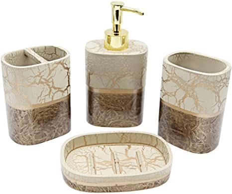 Marina Decoration Luxury Modern 4 Piece Bath Accessories Set Ensemble Included Bathroom Liquid Soap Lotion Dispenser Pump Toothbrush Holder Tumbler and Soap Dish, Leopold Branch Style Gold Coffee Colo