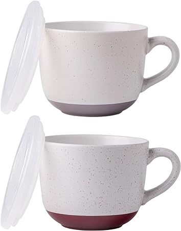 AmorArc Ceramic Soup Mugs with Lid, 24 oz Soup Cups with Hanlde for Coffee, Cereal, Salad, Noodles, Tea, Soup Bowls Cups, Microwave&Dishwasher Safe, Set of 2, Speckled Outside with Vented Lid