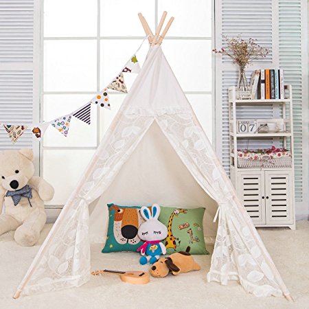 AniiKiss 6' Giant Canvas Kids Play Lace Teepee Children Tipi Play Tent - Lace Door and Window
