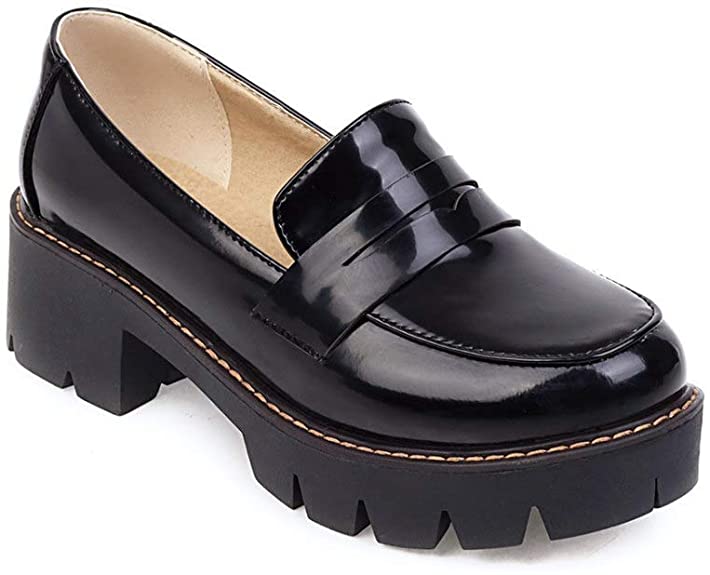 Women's Classic Platform Chunky Heel Penny Loafers Slip On Round Toe Patent Leather Oxfords Dress Shoes