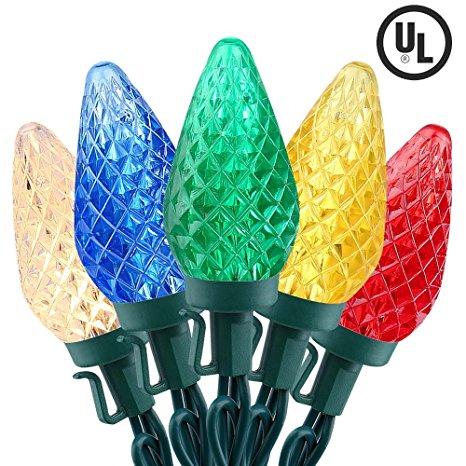 Brizled Faceted C9 LED Christmas Lights, 25 LED 16ft Fairy Decorative String Lights, 120V UL Certified for Indoor and Outdoor Decoration, Patio and Christmas Tree, Multi-Color