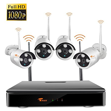 [Full HD 1080P Kit] CORSEE 4CH 1080P Wireless Video Security System,4 x 2.0 Megapixel Weatherproof Night Vision Security Wifi Cameras (Clearly Night Vision,Motion Detection Alarm,No Hard Drive)