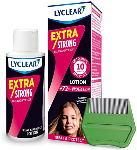 Lyclear Extra Strong - Lice and nits treatment Lotion - Head lice & eggs solution in 10 min - 2 in 1 head lice tretment and protection - Lice and nit comb included - Up to 4 treatments - 100ml