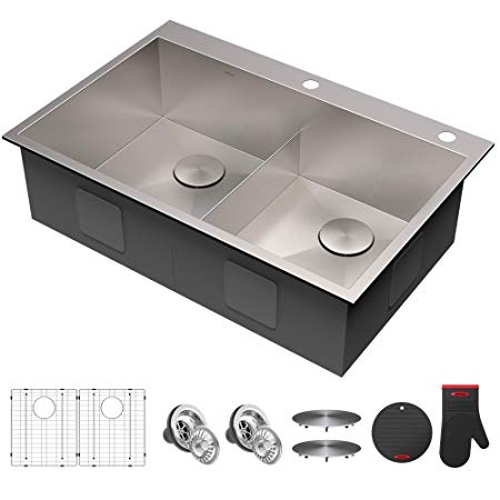 KRAUS 33x22 inch Pax Drop-In 16 Gauge Zero-Radius Double Bowl 2-Hole Stainless Steel Kitchen Sink Set (8 Item Bundle: Sink, Bottom Gridx2, Drain with Strainerx2, Drain Capx2, Kitchen Towel),KP1TD33S-2