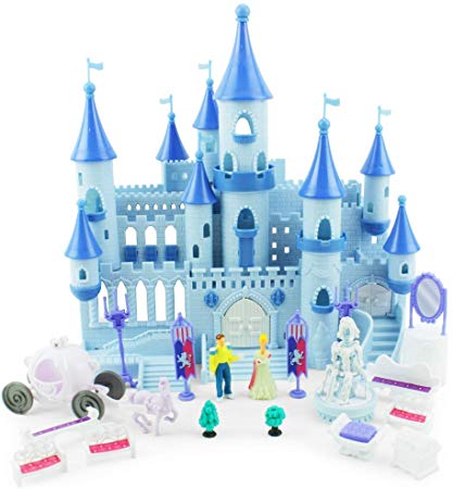 Boley Princess Castle Dollhouse - Small Plastic Doll House Pop-Up Castle Kit with Furniture and Front Lawn Miniatures - 19 Piece Play Set for Girls