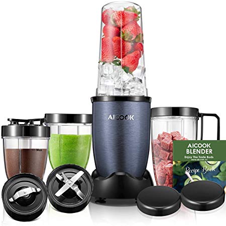 Blender, Aicook Smoothie Blender, 780W High-Speed Personal Blender, 15-Piece Smoothie Maker/Mixer Included 4-Piece BPA-Free Blender Bottles, Two SUS 304 Stainless Steel Blades, Grey