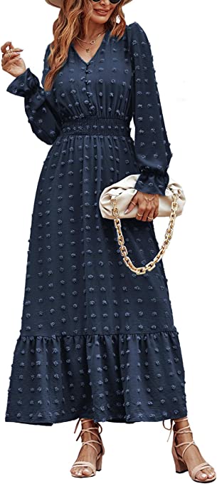 MASCOMODA Women Boho Maxi Dress Long Sleeve V Neck Swiss Dot Smocked High Waisted Button A-Line Ruffle Tiered Fall Long Dress