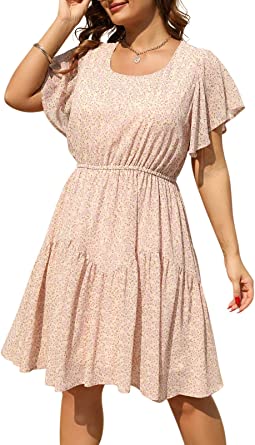 Nemidor Womens Casual Plus Size Summer Boho Chiffon Print Midi Skater Dress with Ruffle Sleeve NEM297