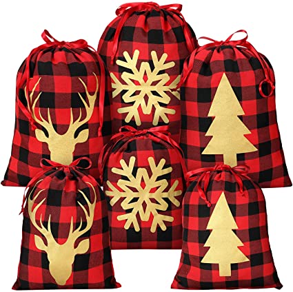6 Pieces Christmas Plaid Drawstring Bag Cloth Party Favor Bags Xmas Pattern Candy Bags Wrapping Treat Bags with Drawstring for Christmas Party Supplies Candy Storage (Red-black Plaid)