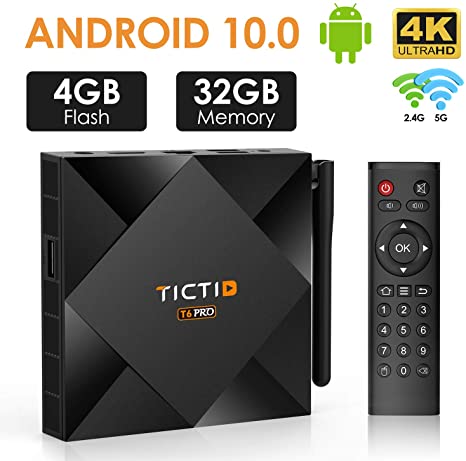 TICTID Android 10.0 TV Box 4GB RAM 32GB ROM T6 Pro TV BOX Allwinner H616 64-bit Quad core ARM Cortex A53 CPU, Dual-WiFi 2.4GHz/5GHz with External Antenna, 100M LAN, BT 4.0, 4K 8K Android Smart TV Box Media Player