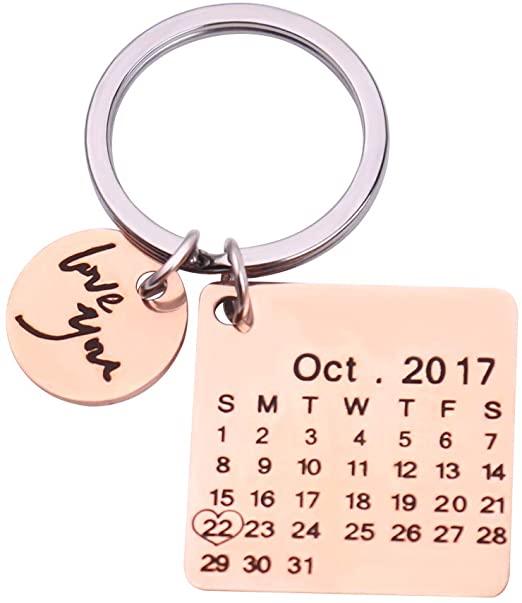 Personalized Special Date Calendar Keychain - Customized Stainless Steel Key Chain with Date and Name Carving, Creative Gifts for Lover (Rose Gold-2)