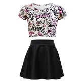 Kids Girls Love Graffiti Crop Top and Black Skater Skirt Set 7 8 9 10 11 12 13 Yr