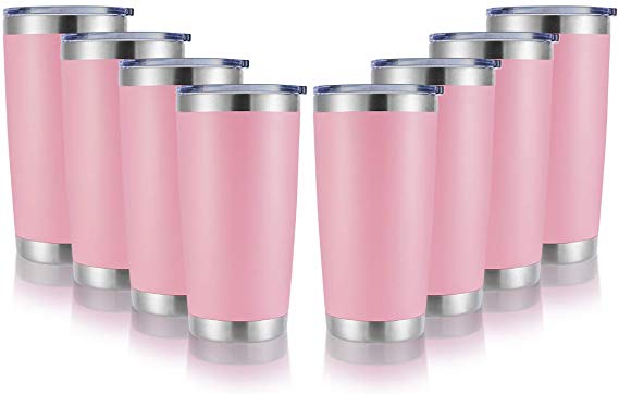 DOMICARE 20oz Stainless Steel Tumbler with Lid, Double Wall Vacuum Insulated Travel Mug, Durable Powder Coated Insulated Coffee Cup, 8 Pack, Pink