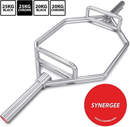 Synergee 20KG and 25kg Chrome & Black Olympic Hex Barbell Trap Bar with Two Handles for Squats, Deadlifts, Shrugs. 56” Long Bar with 10” Sleeve.