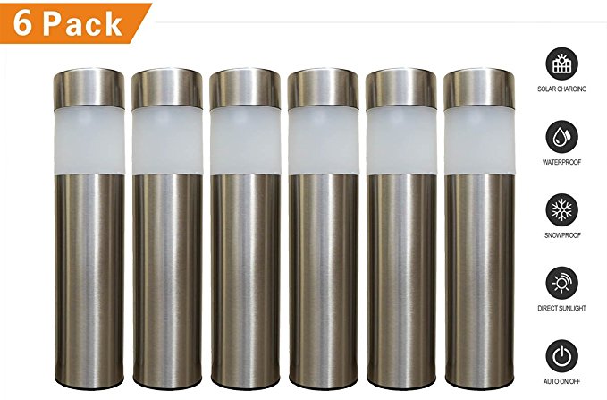 LowVoltz Solar 6 Pack Solar Path Lights. Modern Stainless Steel Outdoor Garden LED Powered Lights. Water, Wind, Dust Resistant and Longest Lasting Charge.