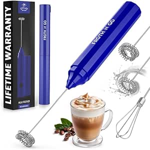 Zulay Froth N Go Milk Frother Rechargeable - 3-in-1 Frother Wand With Case & USB-C Charger - Comes With 3 Whisk Attachments for Latte, Cappuccino, Matcha, Protein Shakes - Blue