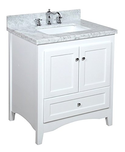 Kitchen Bath Collection KBC3830WTCARR Abbey Bathroom Vanity Set with Marble Countertop, Cabinet with Soft Close Function and Undermount Ceramic Sink, Carrara/White, 30"
