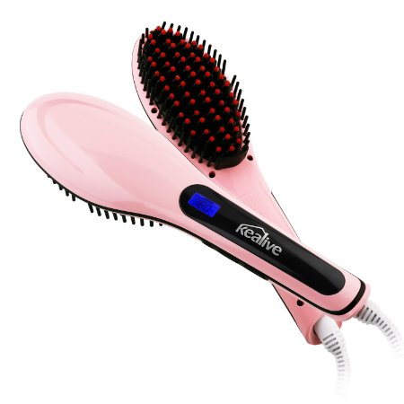 Kealive Hair Straightener Brush Electric Straightening Brush Temperature Control With LCD Temperature Display Anion Hair Care, Anti-Static Ceramic Heating, Anti Scald, Zero Damage, Detangling Hair Comb （Pink）