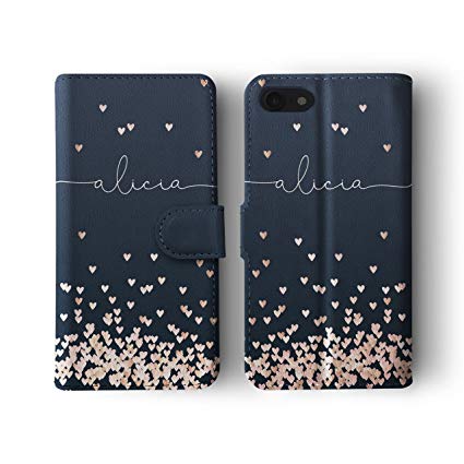 Personalised Tirita iPhone 7 & 8 Leather Flip Wallet Case Cover Hearts Polka Dots Rose Gold Foil Bling Pink Metallic Texture Custom Initials Name Bling PRINTED GLITTER, NOT REAL GLITTER