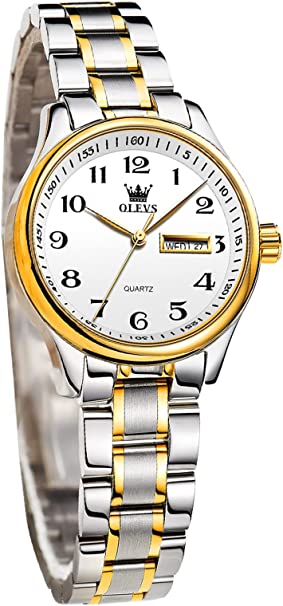 OLEVS Ladies Watches UK Analog Quartz Silver and Gold Watches for Womens Date Day Stainless Steel Waterproof Large Numbers Easy Read Dress Wrist Watches