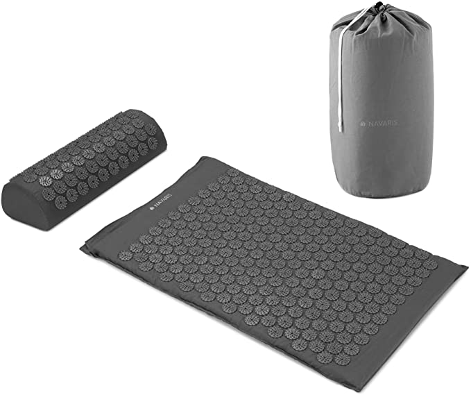 Navaris Acupressure Mat and Pillow Set - Acupuncture Mat for Back, Neck, Shoulders, Muscles, Relaxing - Includes Carry Bag - Grey/Grey