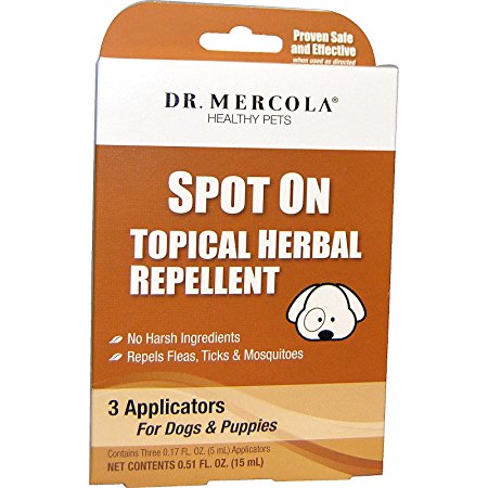 Spot On Topical Herbal Repellent For Dogs & Puppies - No Harsh Ingredients - Repels Fleas, Ticks, & Mosquitoes - Dr. Mercola Healthy Pets - 3 Applicators (3 Month Supply)