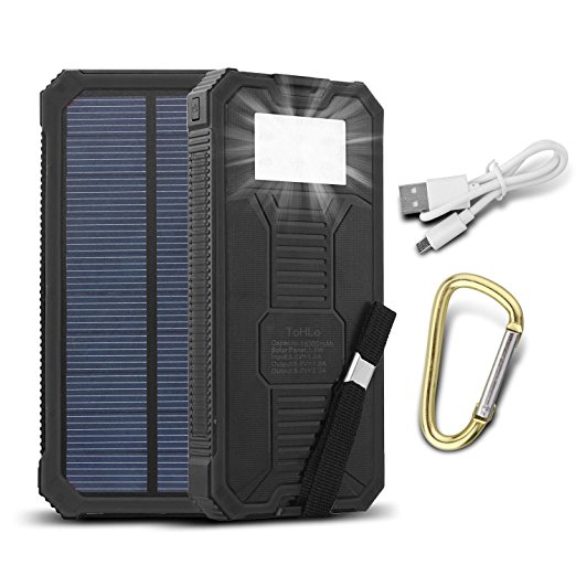 ToHLo Solar Charger Power Bank 15000mAh, Solar External Battery Pack, Dual USB Portable External Solar Power Bank Charger for Iphone 7 6 Plus 5 Galaxy S7 6 5 HTC and most Smart phones Tablets (Black)