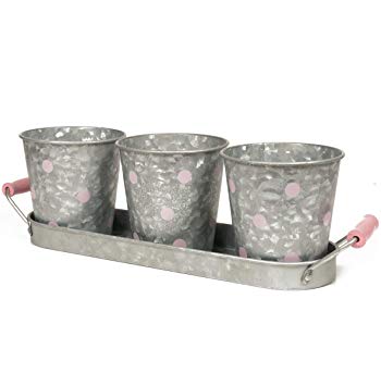 Modern Farmhouse Flower Pot Planter Set – Vintage Galvanized Steel Decor Perfect for Herbs and Succulents – Indoor/Outdoor Pots (Pink Dot)